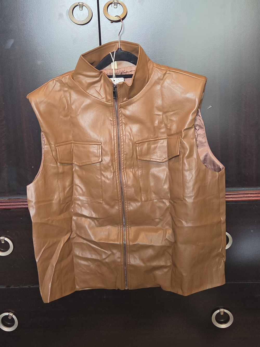 Women’s Brown Faux Leather Zip-Front Vest - Picture 1 of 4
